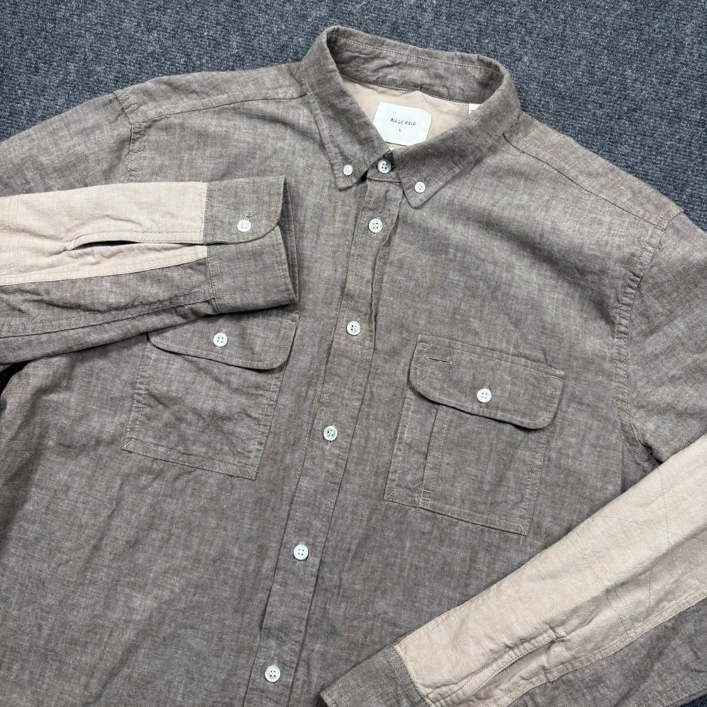 Billy Reid Button Down Men Large Brown Elbow Patch Cotton Shirt